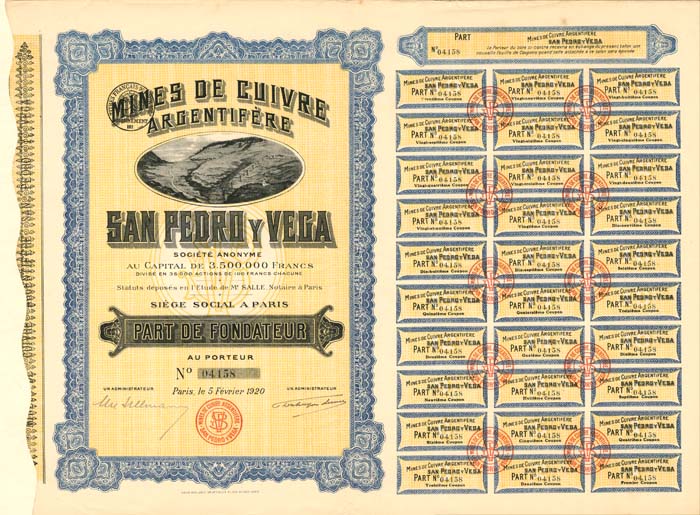 Mines De Cuivre Argentifere San Pedro Y Vega - Stock Certificate